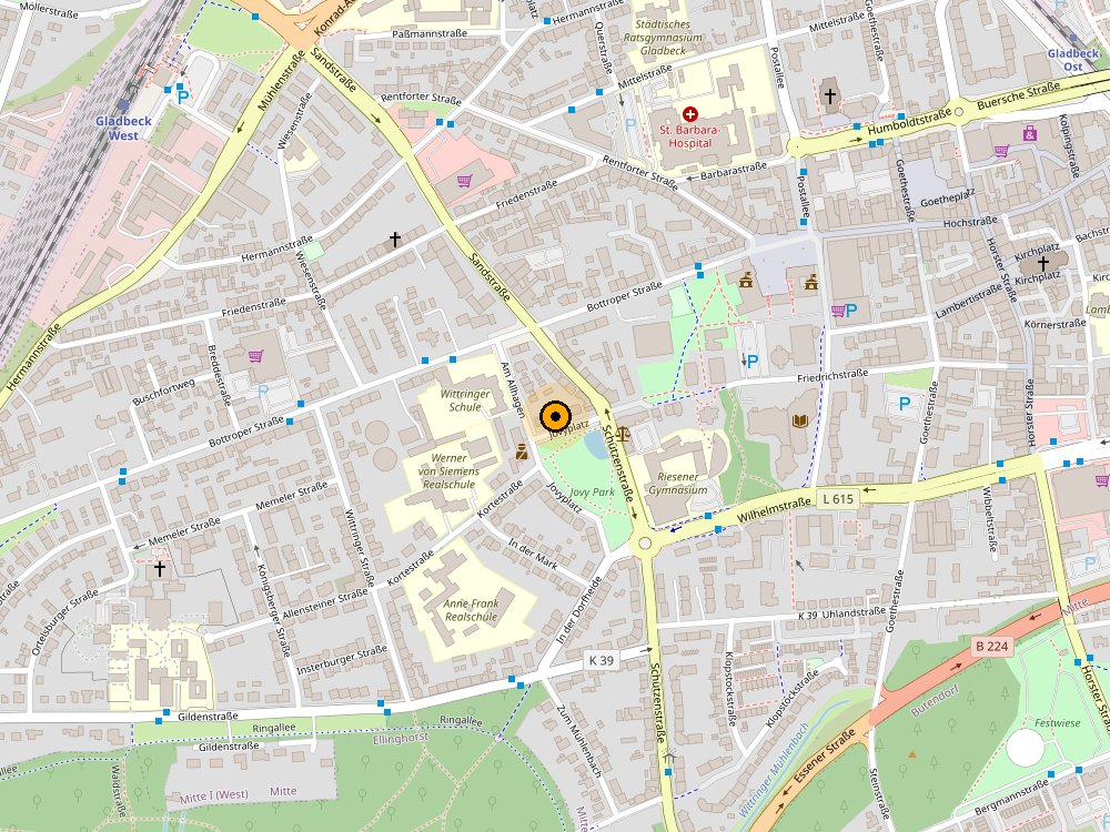 Karte mit dem Standort kreativAmt, Jovyplatz 4, 45964 Gladbeck